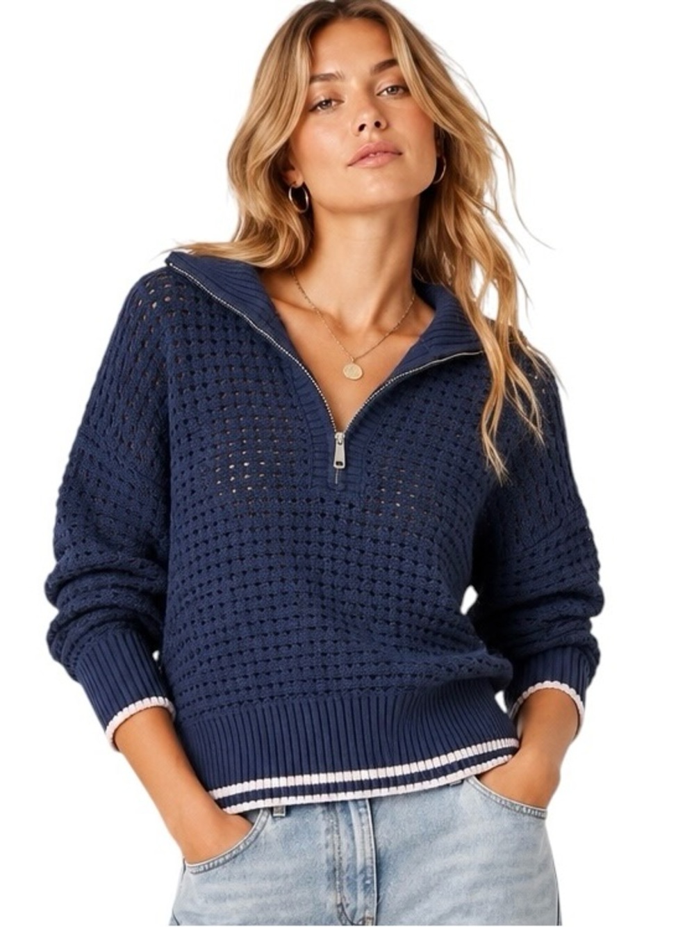 SCOTCH & SODA 3/4 Zip Pointelle Pullover Sweater Big Dipper XL NWT